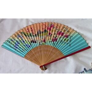 SOLD!! Vintage Japanese Folding Hand Fan painted landscape and flowers